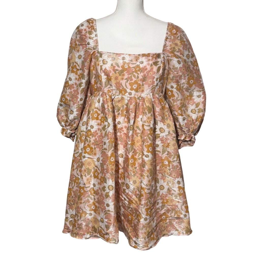 Storia Floral Puff‎ Sleeve Babydoll Mini Dress M Pink Gold Metallic